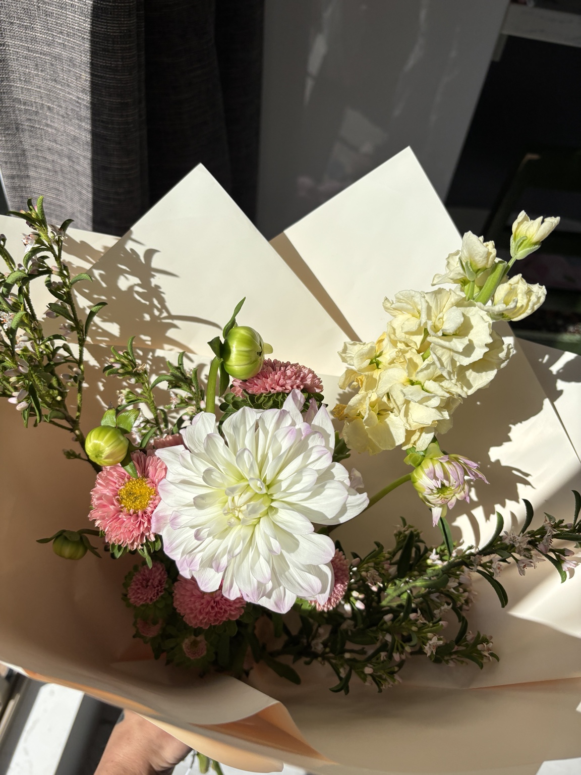 Whimsical white and pink seasonal bouquet